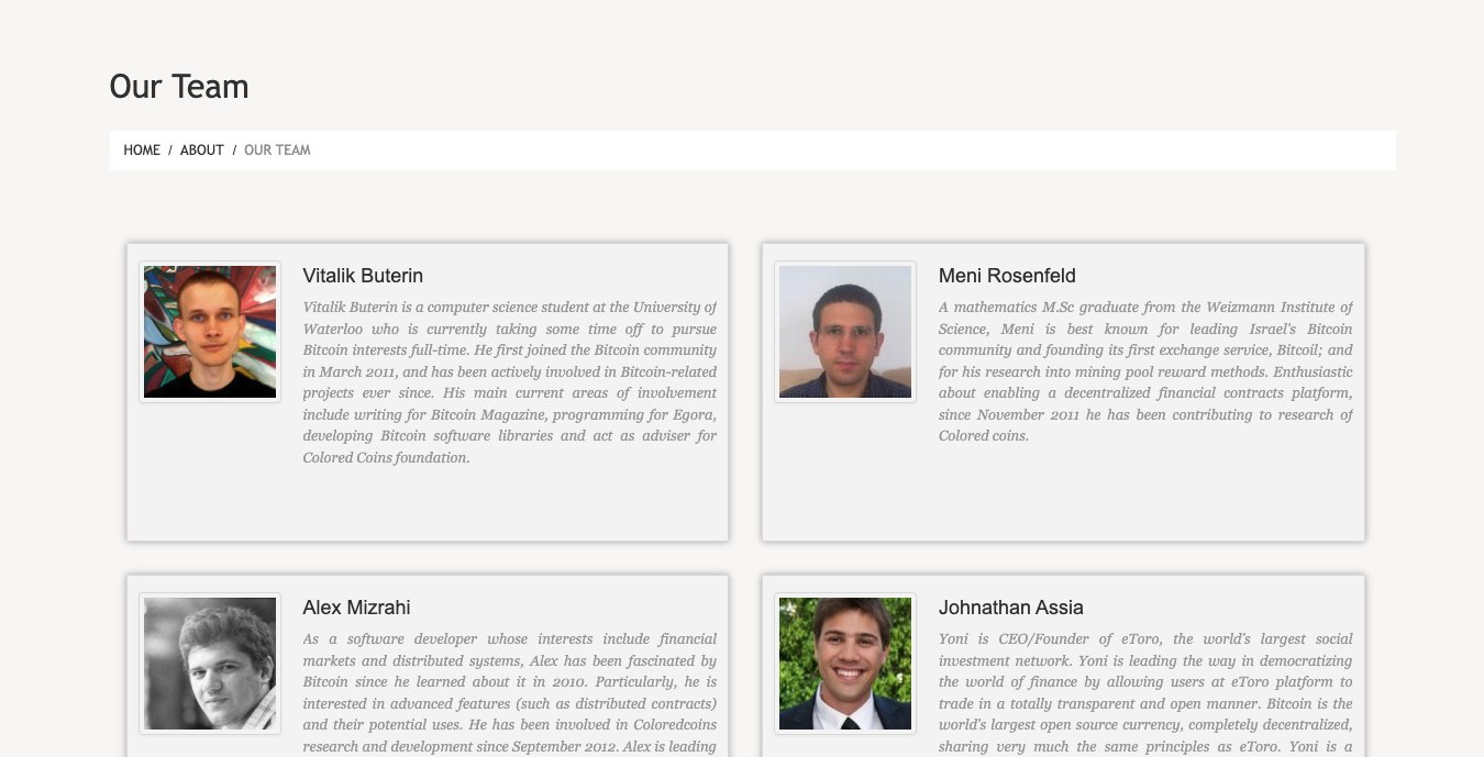 Colored Coins official team page showing Vitalik Buterin