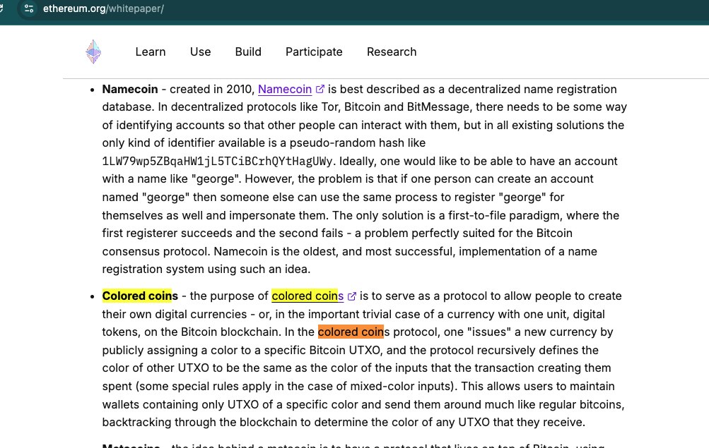 Colored Coins mentioned in the Ethereum whitepaper